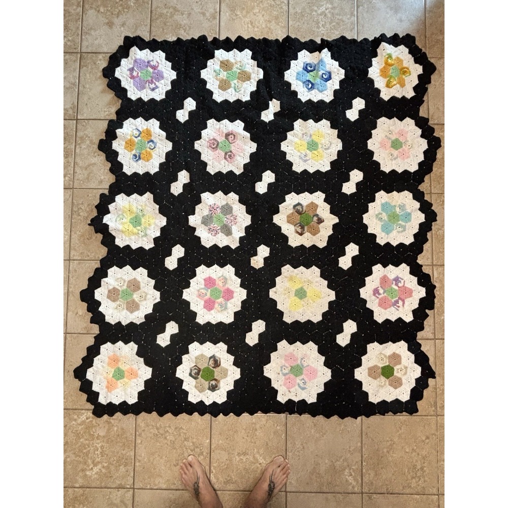 Vintage‎ Handmade Crochet Afghan Hexagon Quilt Throw 69x63 Heavy Grandma Cottage